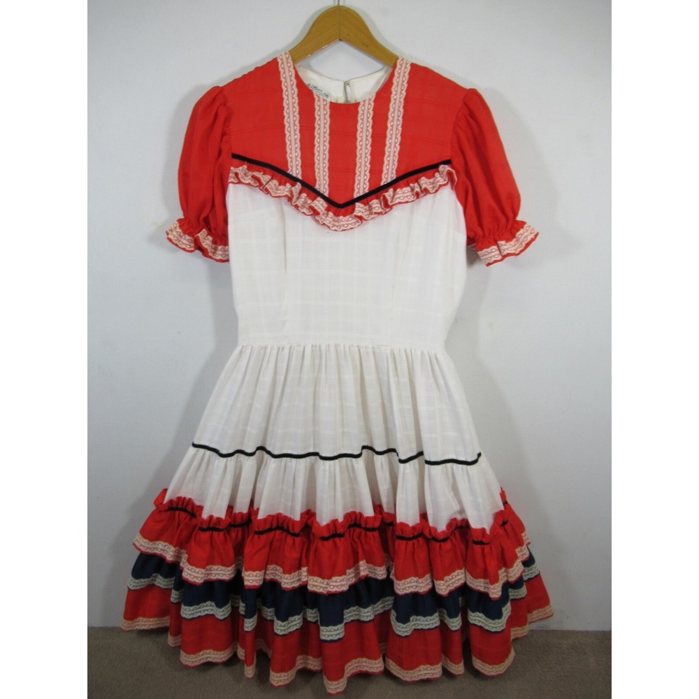 Vintage Full Circle Frilly Square Dance Dress Red White Blue Western Rockabilly
